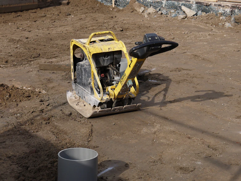 Plate compactor working a lift of crushed base rock